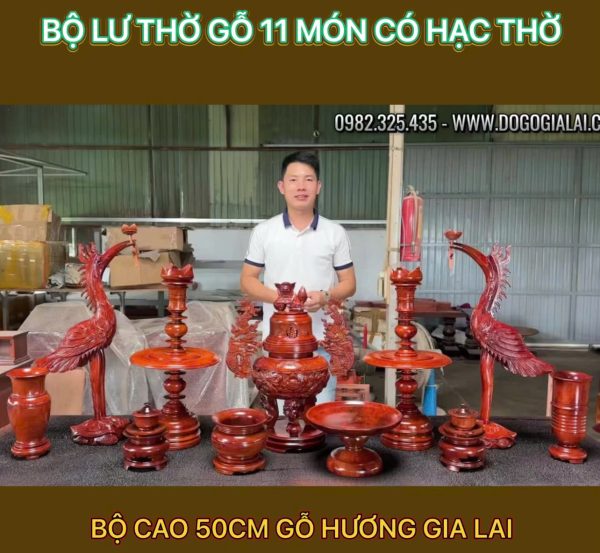 bộ lư thờ gỗ hương 11 món cao 50cm có hạc